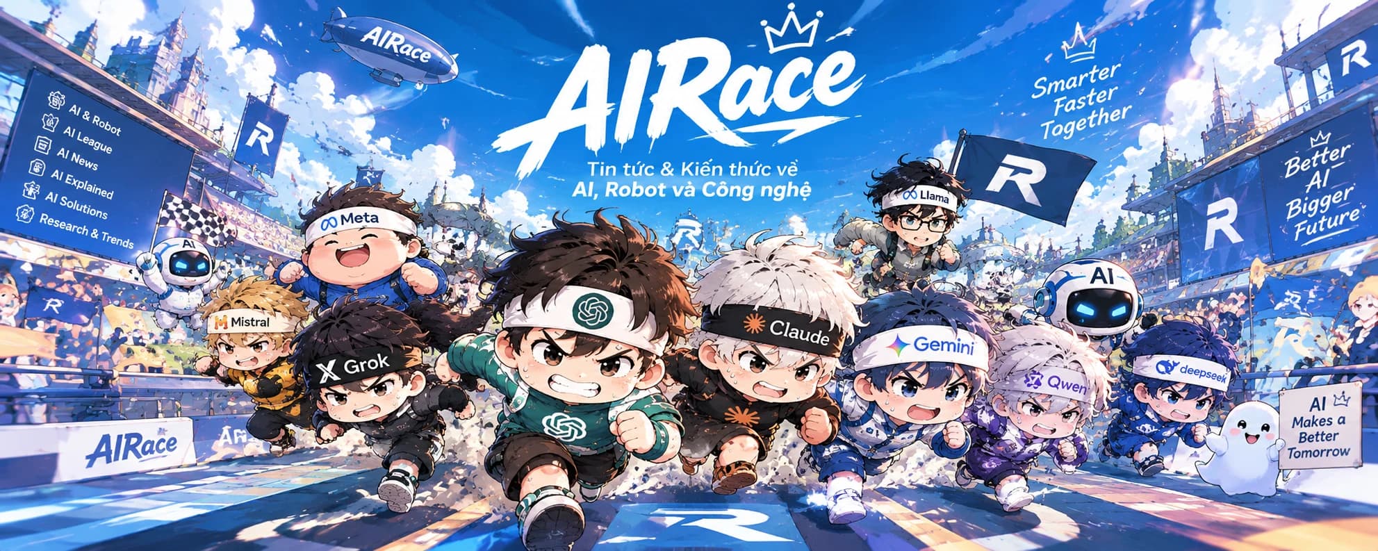 Các nhân vật đại diện cho những hãng AI cùng tranh tài trên đường đua AI Race